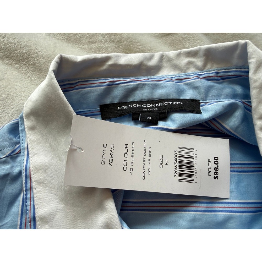 French Connection Contrast Double Collar Striped Cropped Shirt Blue Multi M NWT - Picture 4 of 5